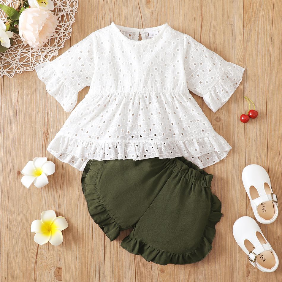 2-piece Toddler Girl Hollow out Ruffled High Low Short-sleeve White Top and Paperbag Shorts Set White