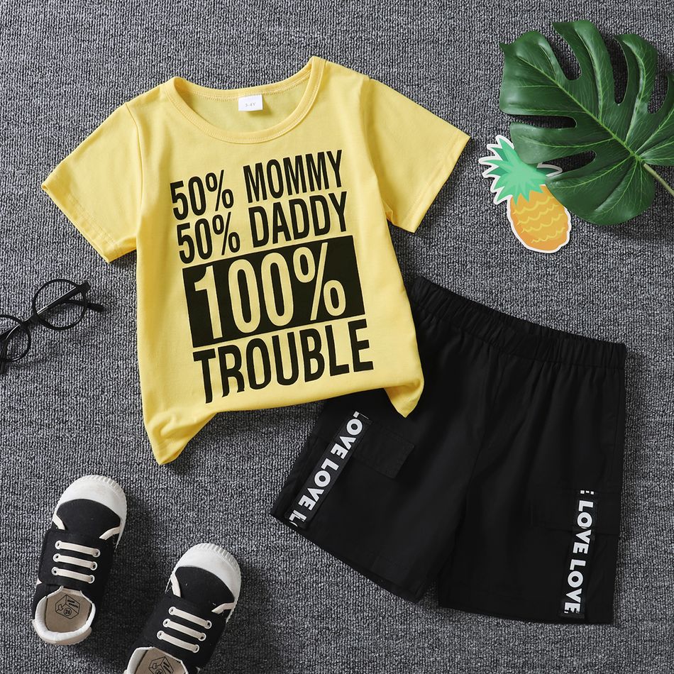 2pcs Toddler Boy Trendy Letter Print Tee and Cargo Shorts Set Yellow