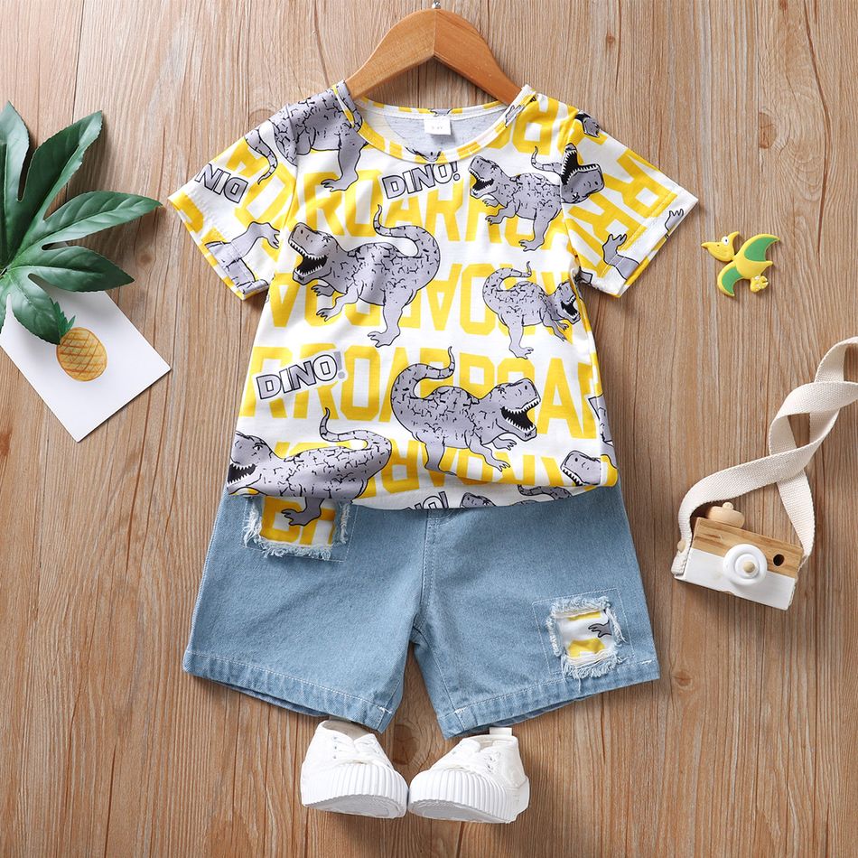 2pcs Toddler Boy Casual Patchwork Ripped Denim Shorts and Letter Dinosaur Print Tee Set Color block big image 2