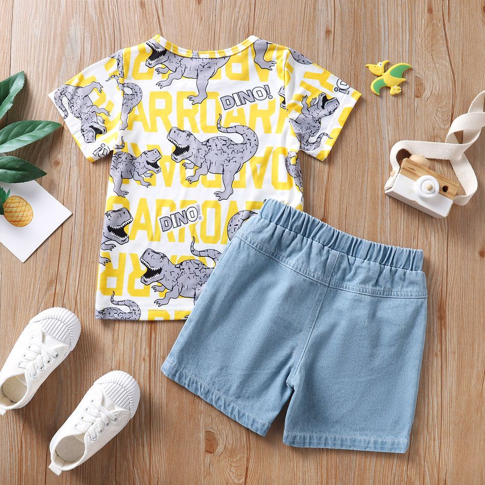 2pcs Toddler Boy Casual Patchwork Ripped Denim Shorts and Letter Dinosaur Print Tee Set Color block big image 3