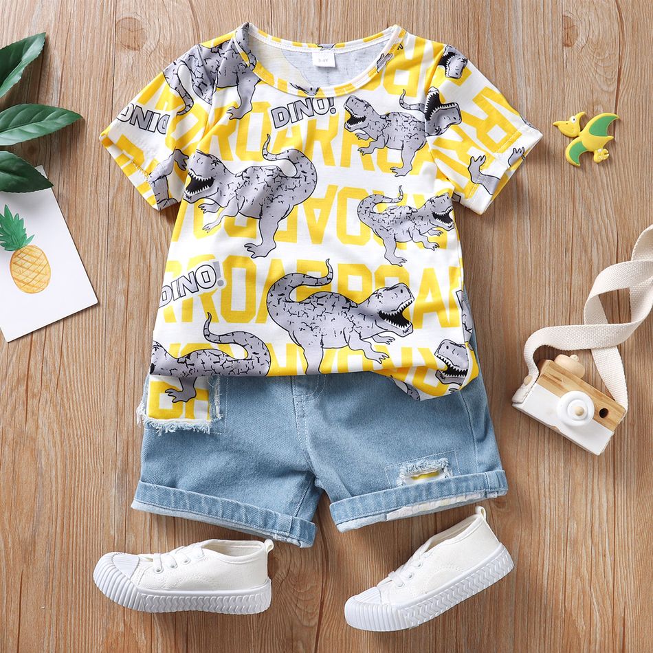 2pcs Toddler Boy Casual Patchwork Ripped Denim Shorts and Letter Dinosaur Print Tee Set Color block big image 1