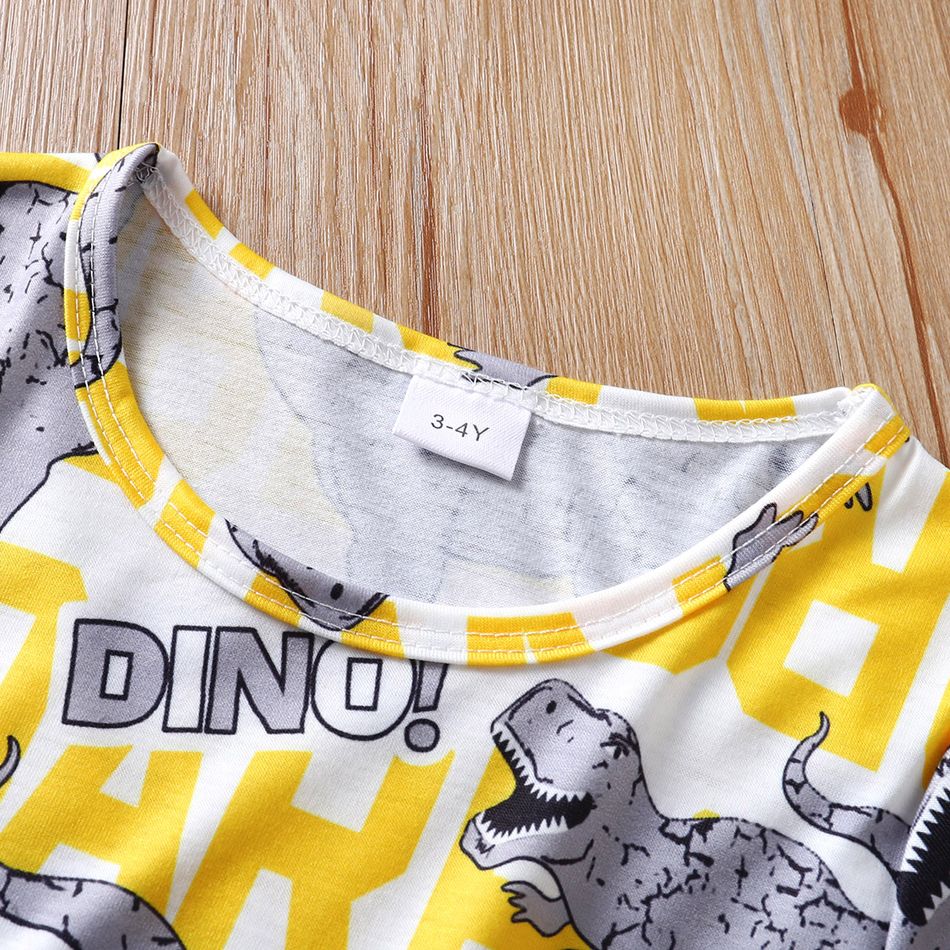 2pcs Toddler Boy Casual Patchwork Ripped Denim Shorts and Letter Dinosaur Print Tee Set Color block big image 4