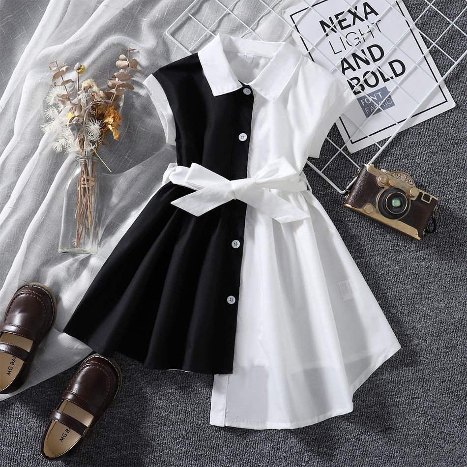 فتاة صغيرة ياقة طية صدر السترة تصميم زر غير النظامية تنحنح أبيض وأسود لصق فستان قصير الأكمام أسود / أبيض