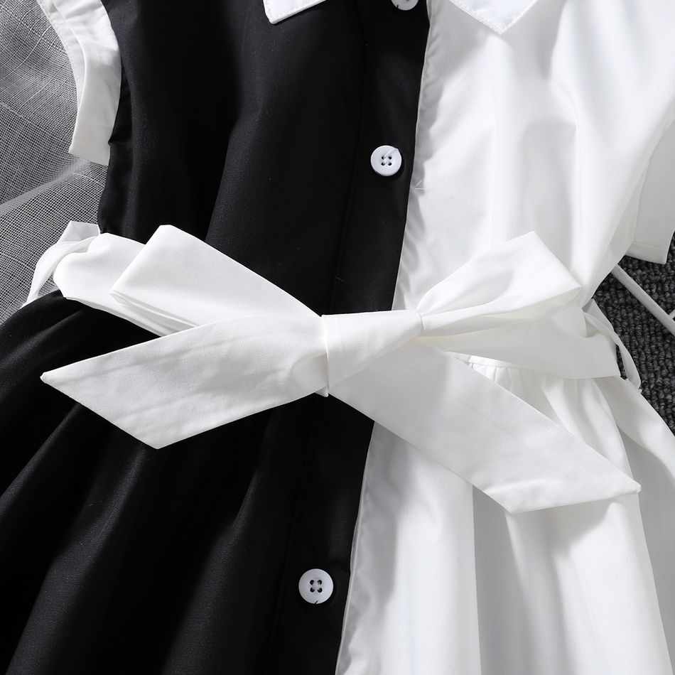 فتاة صغيرة ياقة طية صدر السترة تصميم زر غير النظامية تنحنح أبيض وأسود لصق فستان قصير الأكمام أسود / أبيض big image 3