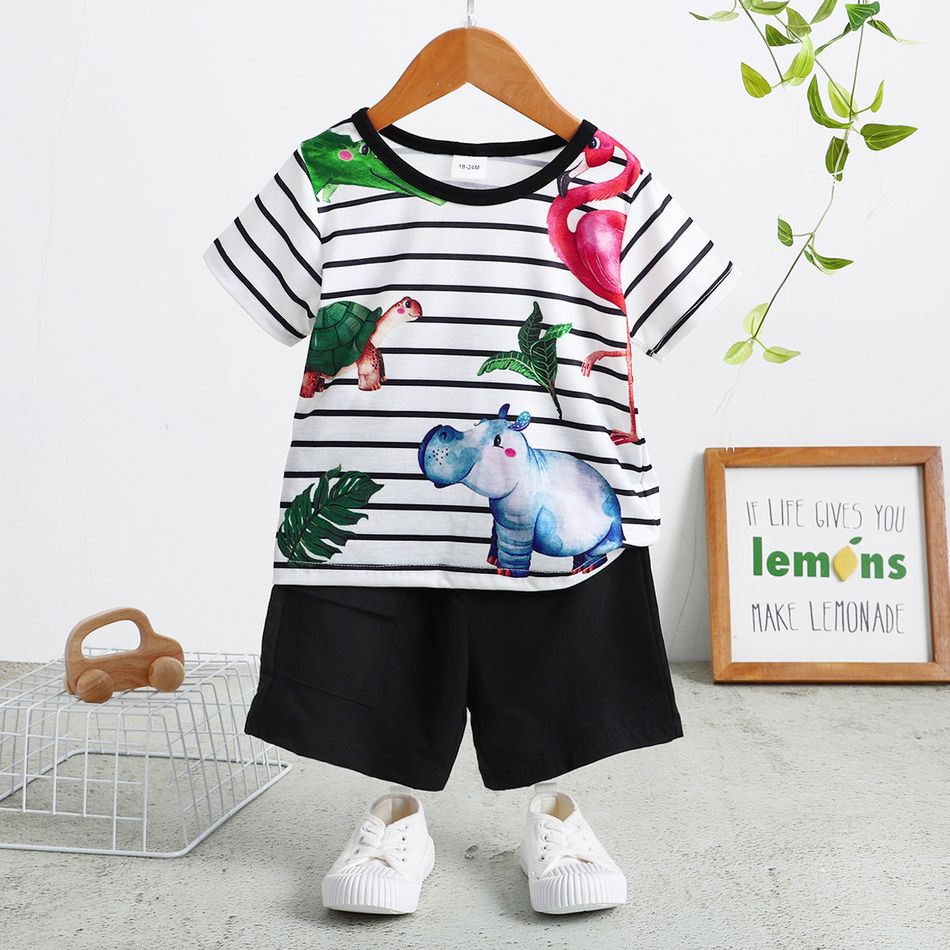 2pcs Toddler Boy Playful Animal Print Stripe Tee and Pocket Design Shorts Set BlackandWhite
