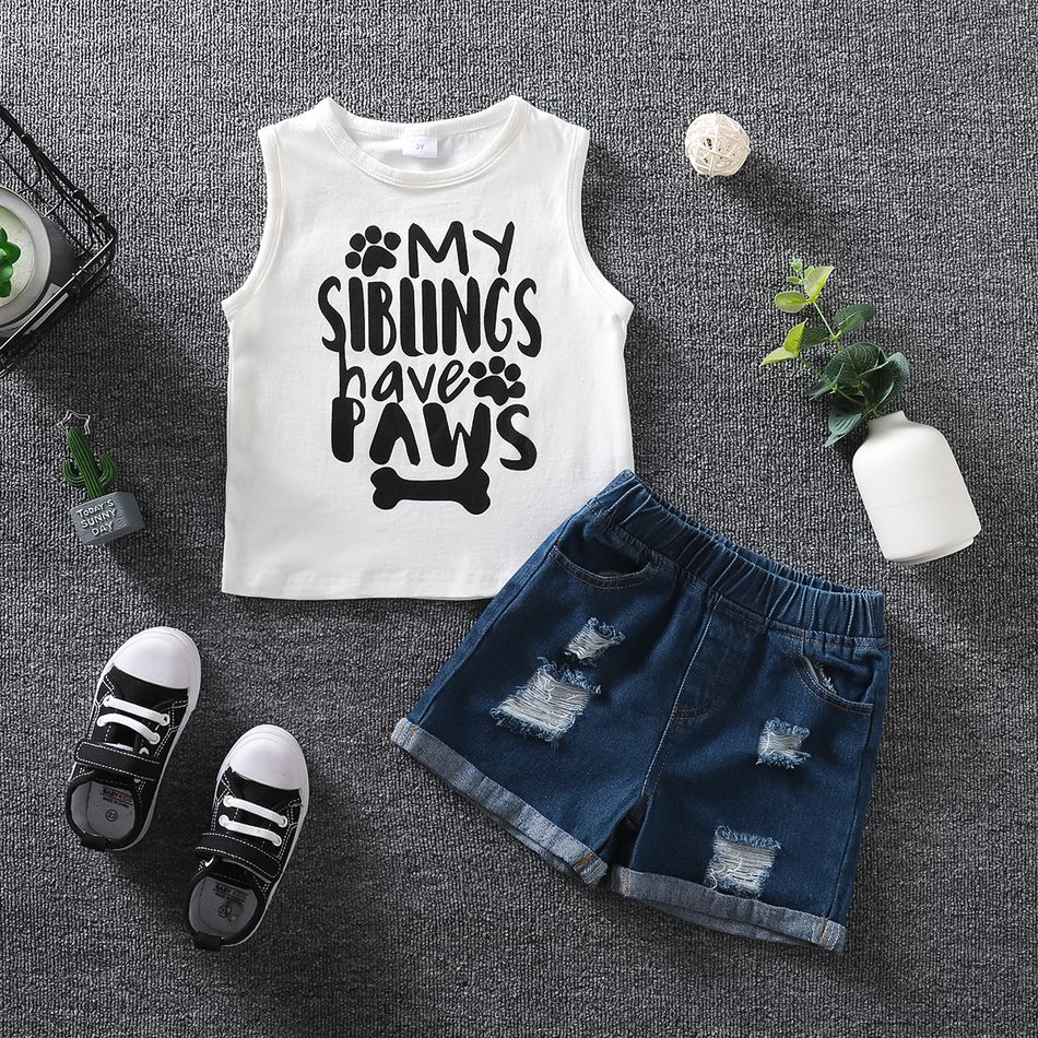 2pcs Toddler Casual Ripped Denim Shorts and Letter Print Sleeveless Tee set White big image 3