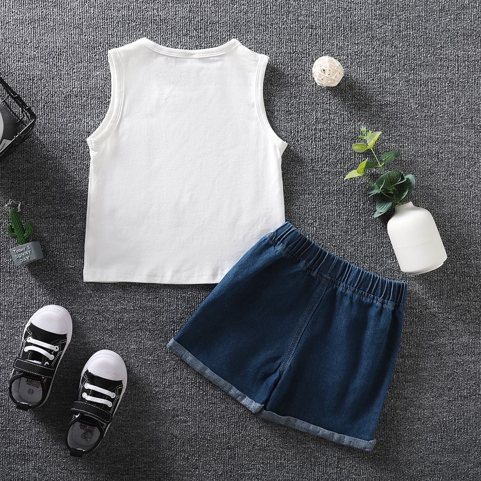 2pcs Toddler Casual Ripped Denim Shorts and Letter Print Sleeveless Tee set White big image 4