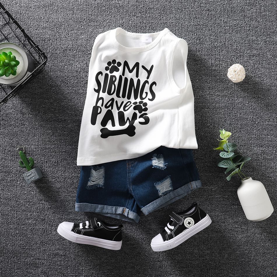 2pcs Toddler Casual Ripped Denim Shorts and Letter Print Sleeveless Tee set White big image 5