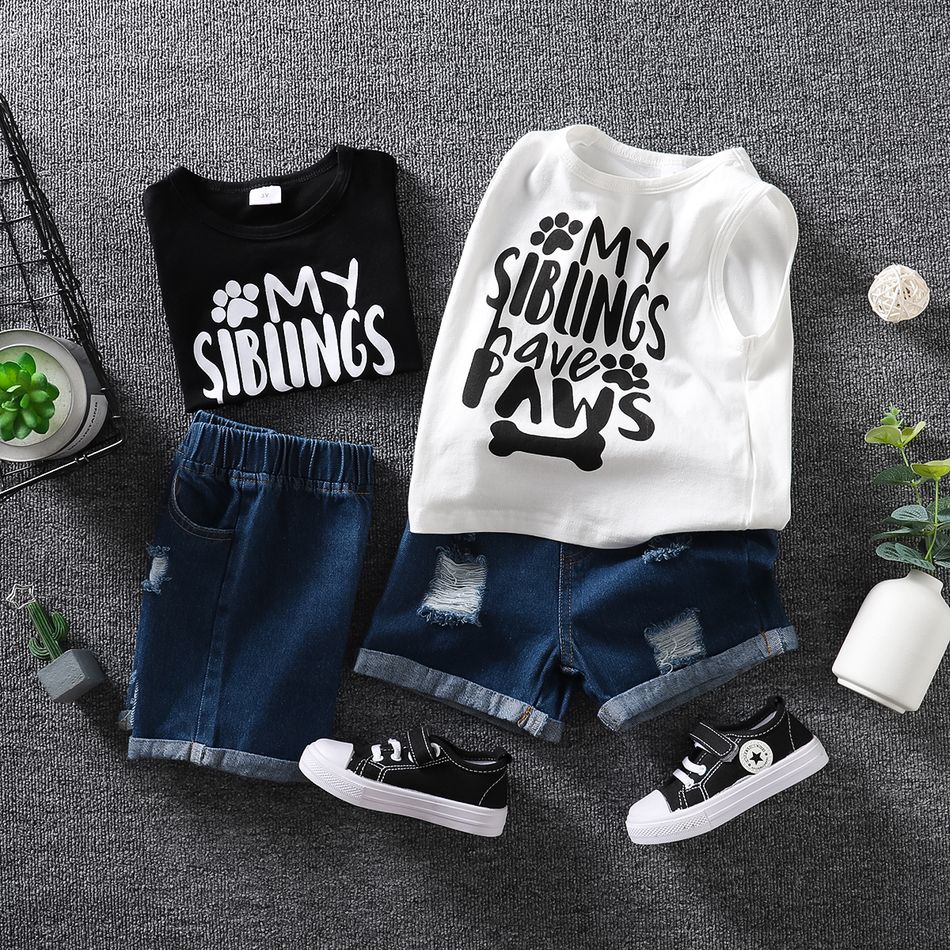 2pcs Toddler Casual Ripped Denim Shorts and Letter Print Sleeveless Tee set White