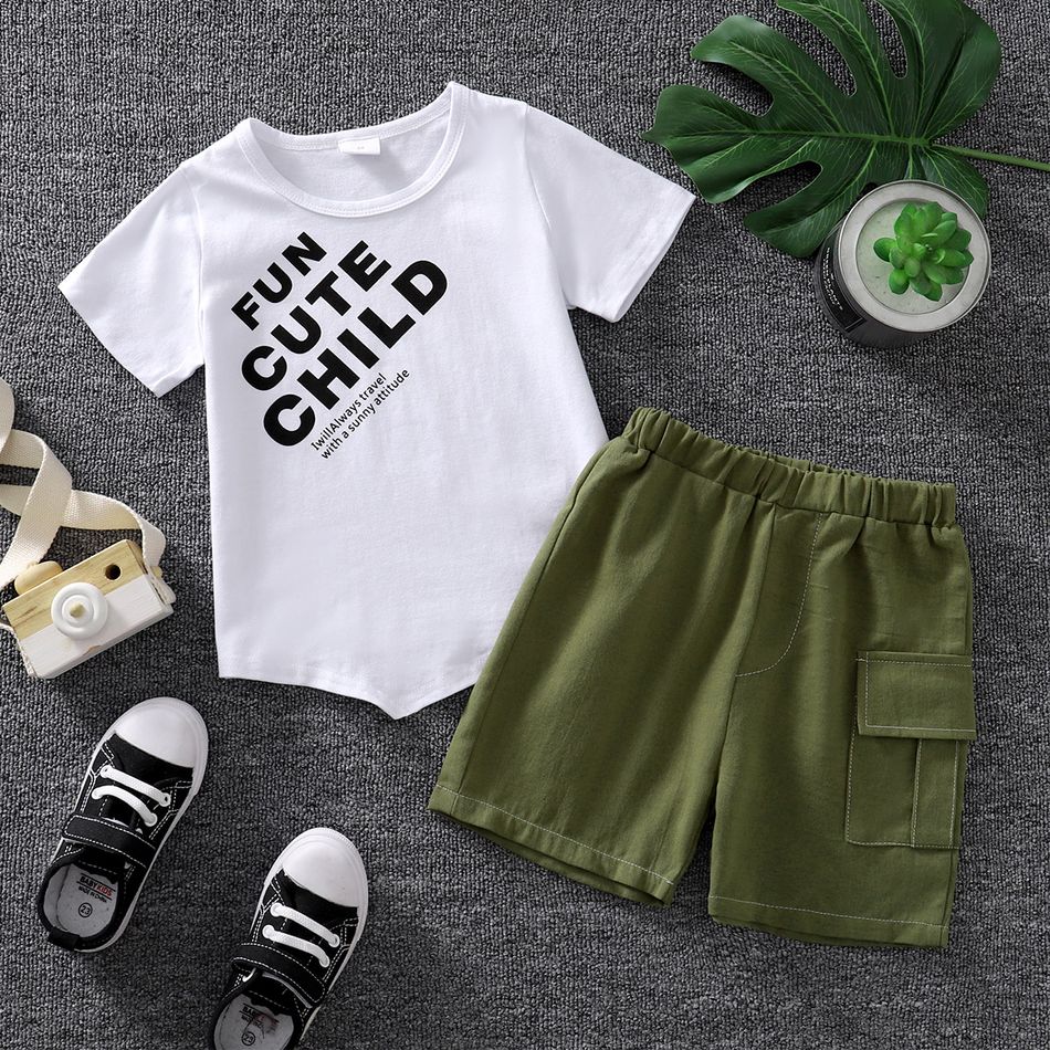 2pcs Toddler Boy Casual Letter Print Tee and Pocket Design Cargo Shorts Set White