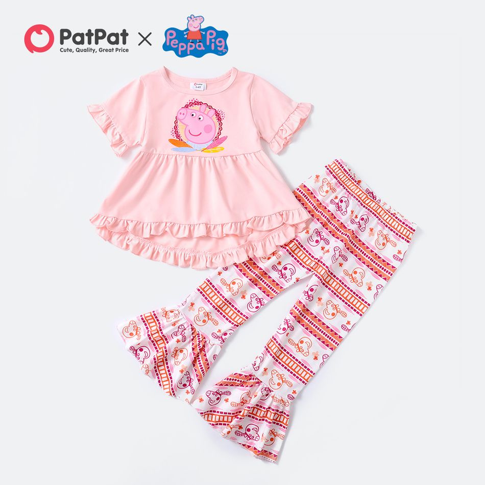 Peppa Pig 2pcs Toddler Girl Ruffled High Low Short-sleeve Pink Tee and Allover Print Flared Pants Set Light Pink