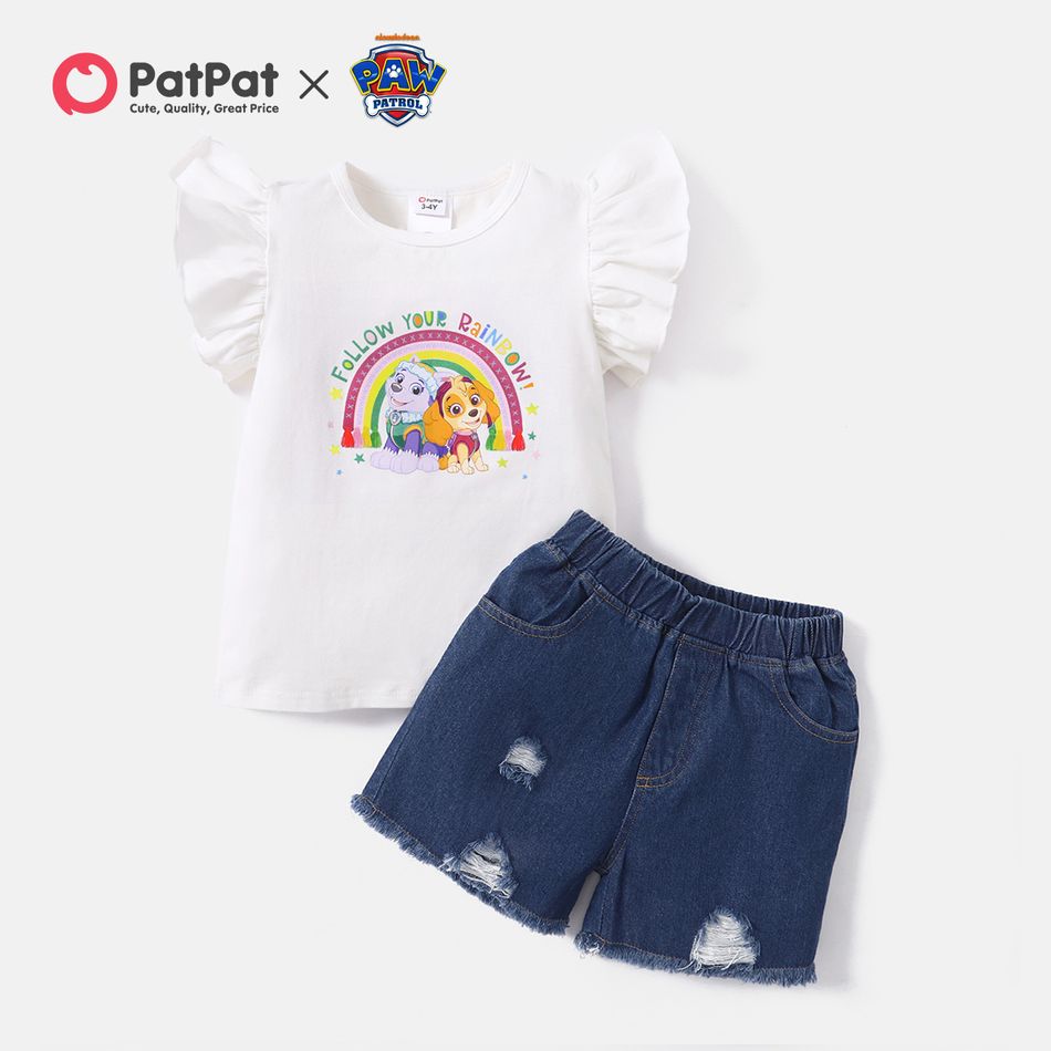 PAW Patrol 2-piece Toddler Girl Rainbow Flutter-sleeve Tee and Denim Shorts Cotton Set White big image 1