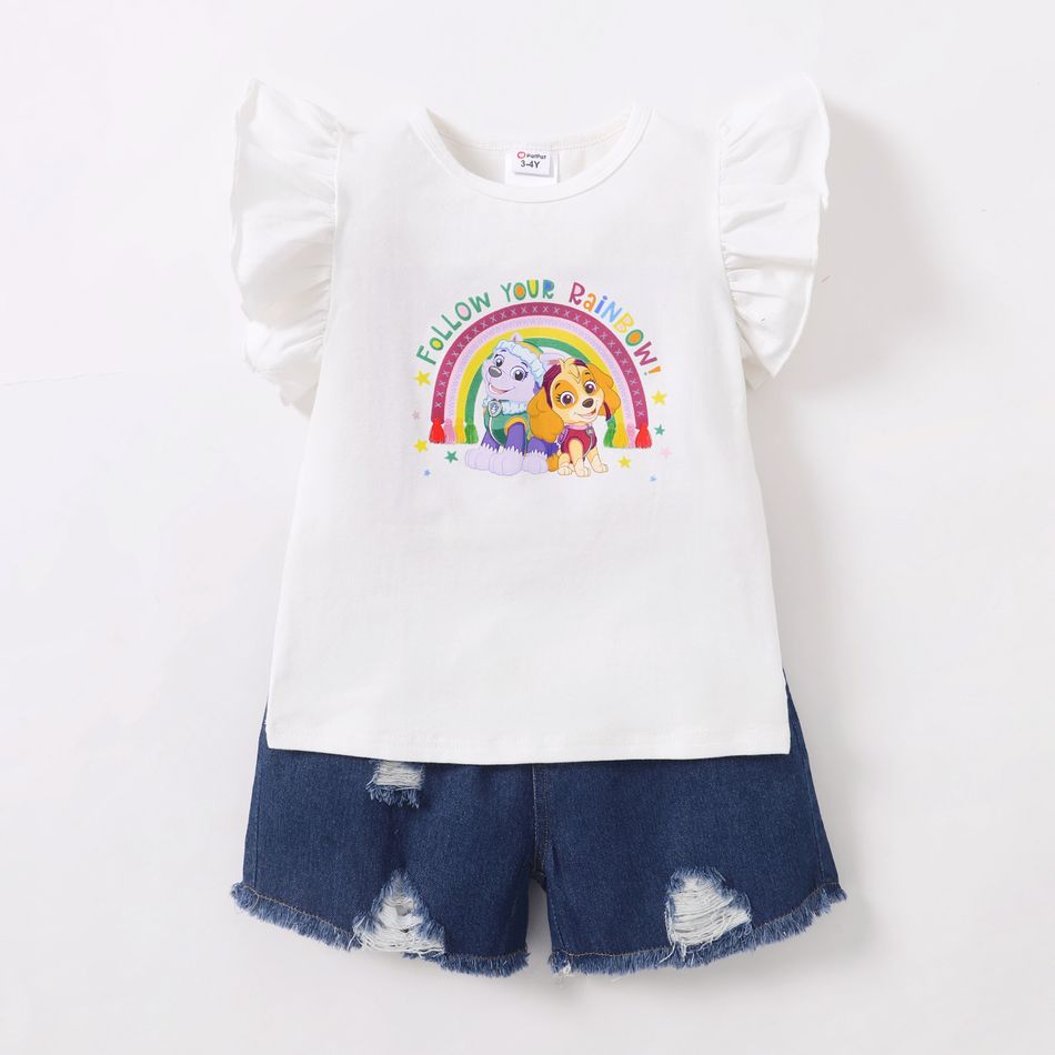 PAW Patrol 2-piece Toddler Girl Rainbow Flutter-sleeve Tee and Denim Shorts Cotton Set White big image 2