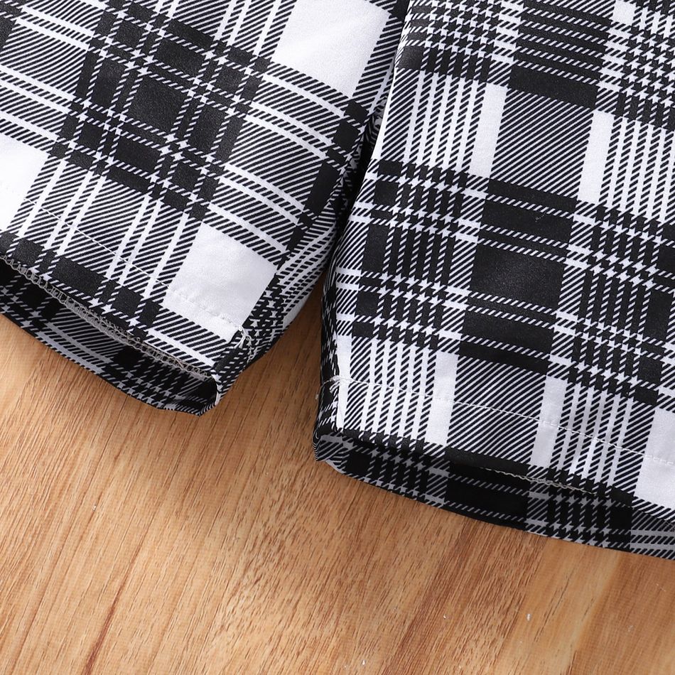 2pcs Toddler Girl Plaid  Doll Collar Button Design Long-sleeve Blouse and Belted Shorts Set Black/White big image 4