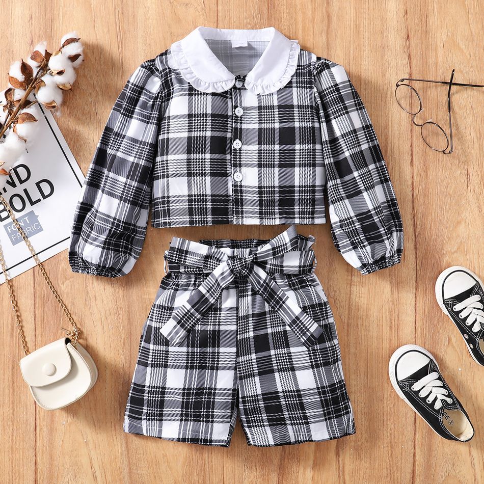 2pcs Toddler Girl Plaid  Doll Collar Button Design Long-sleeve Blouse and Belted Shorts Set Black/White big image 2