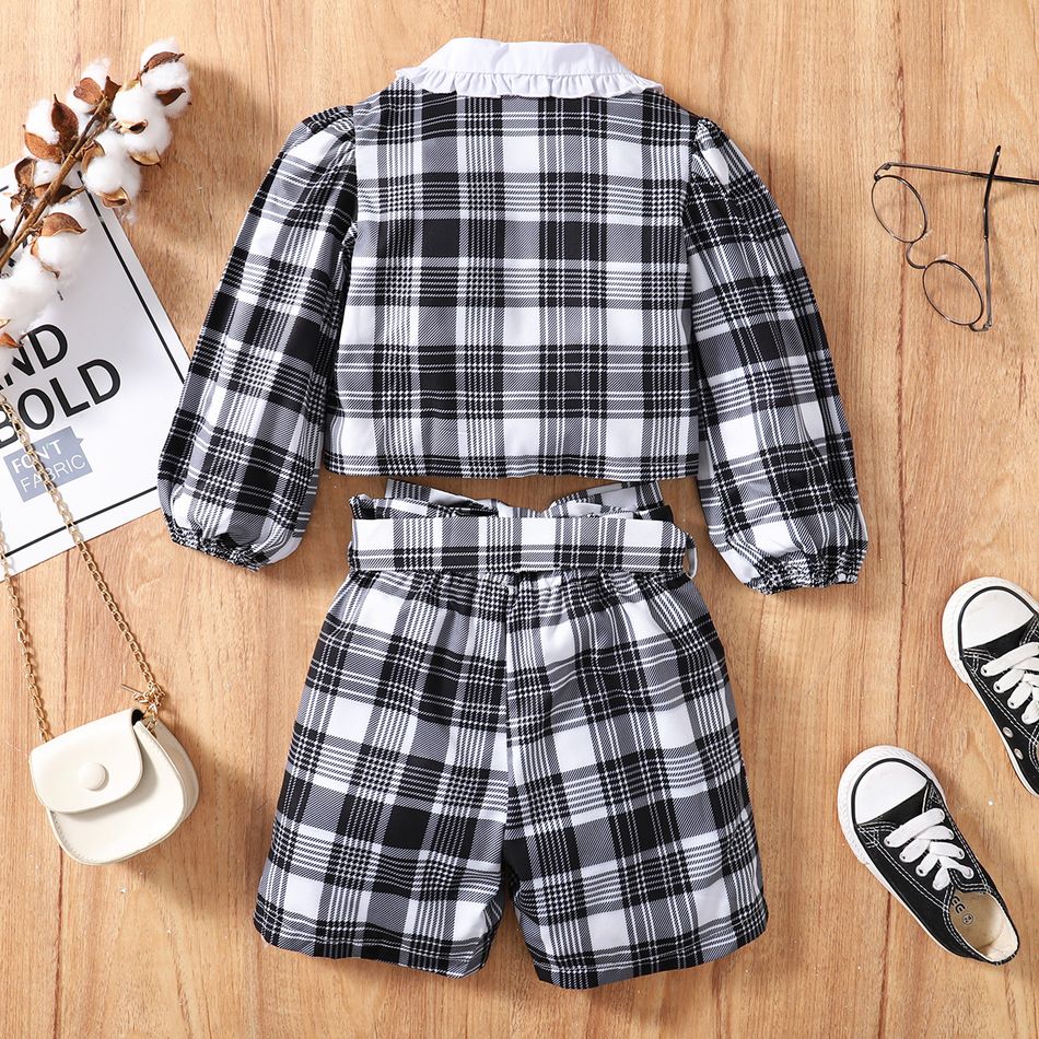 2pcs Toddler Girl Plaid  Doll Collar Button Design Long-sleeve Blouse and Belted Shorts Set Black/White big image 6