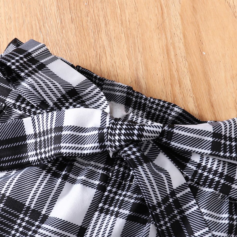 2pcs Toddler Girl Plaid  Doll Collar Button Design Long-sleeve Blouse and Belted Shorts Set Black/White