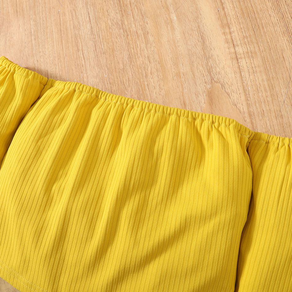 2pcs Toddler Girl Off Shoulder Long-sleeve Yellow Tee and Leopard Print Pants Set Yellow big image 4