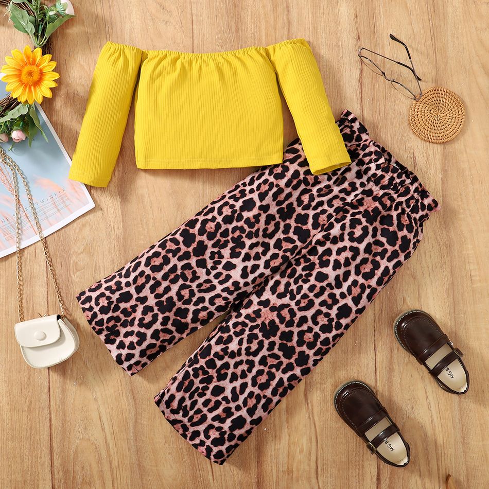 2pcs Toddler Girl Off Shoulder Long-sleeve Yellow Tee and Leopard Print Pants Set Yellow big image 3