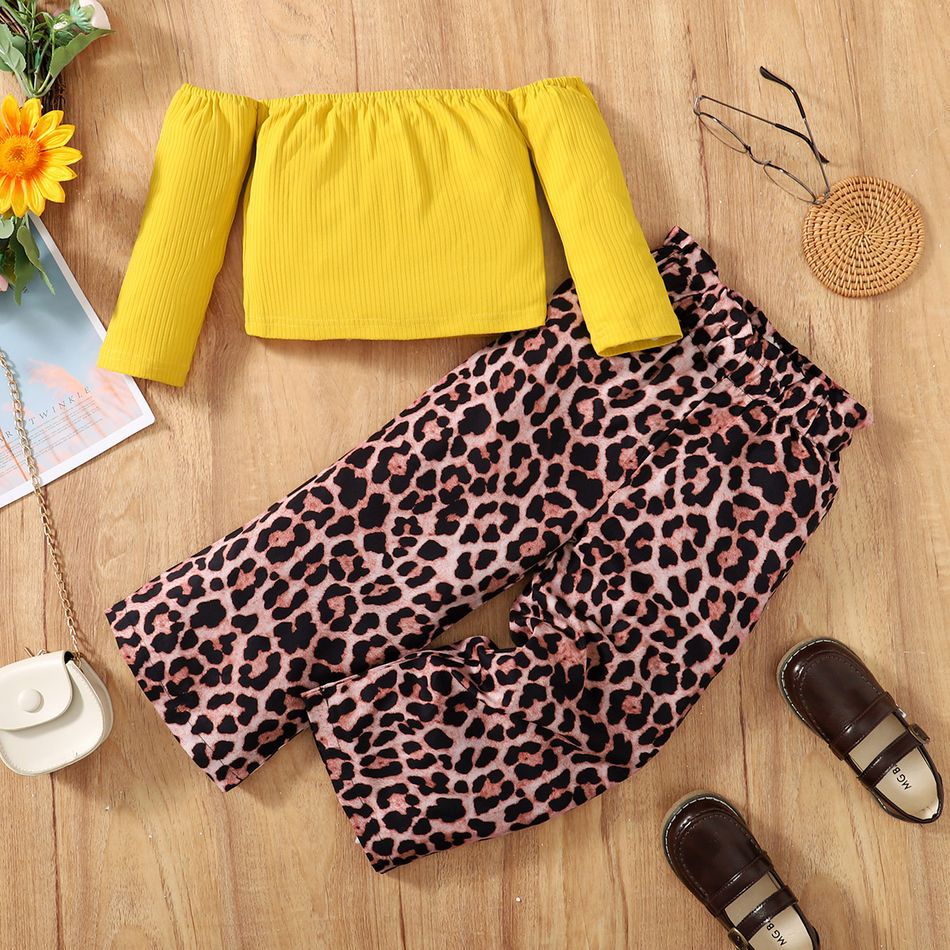 2pcs Toddler Girl Off Shoulder Long-sleeve Yellow Tee and Leopard Print Pants Set Yellow big image 2