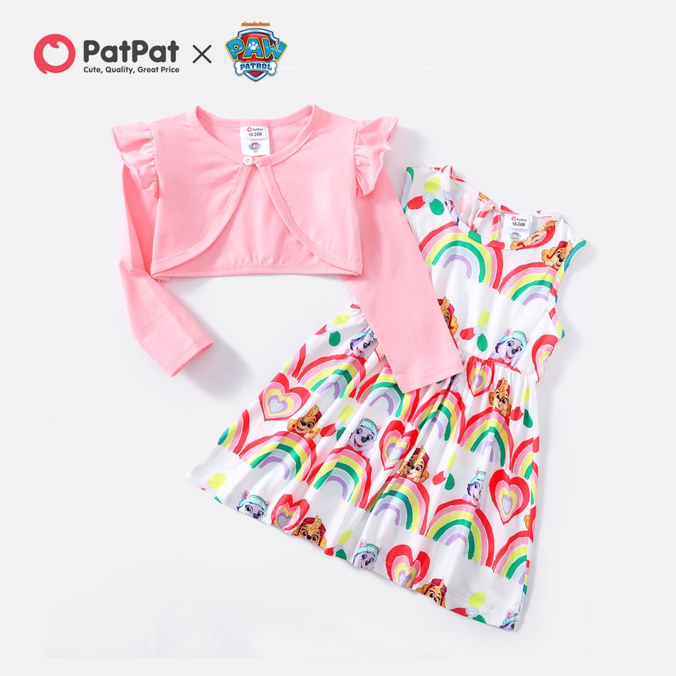 PAW Patrol 2pcs Toddler Girl Rainbow Print Sleeveless and Ruffled Pink Cotton Cardigan Set Pink