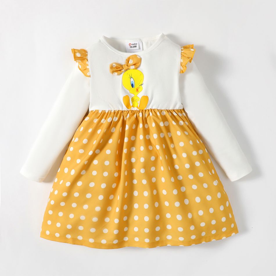 Looney Tunes Toddler Girl Polka dots Splice Ruffled Long-sleeve Cotton Dress Yellow big image 3