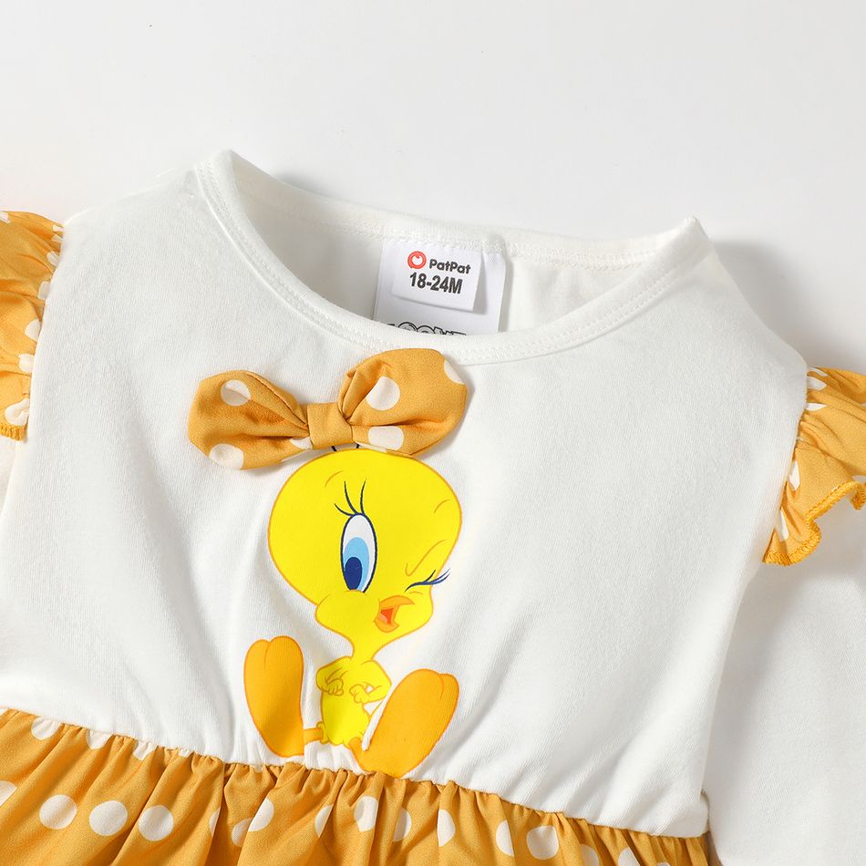 Looney Tunes Toddler Girl Polka dots Splice Ruffled Long-sleeve Cotton Dress Yellow big image 5