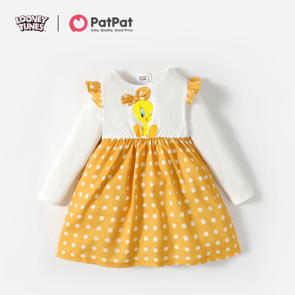 Looney Tunes Toddler Girl Polka dots Splice Ruffled Long-sleeve Cotton Dress Yellow