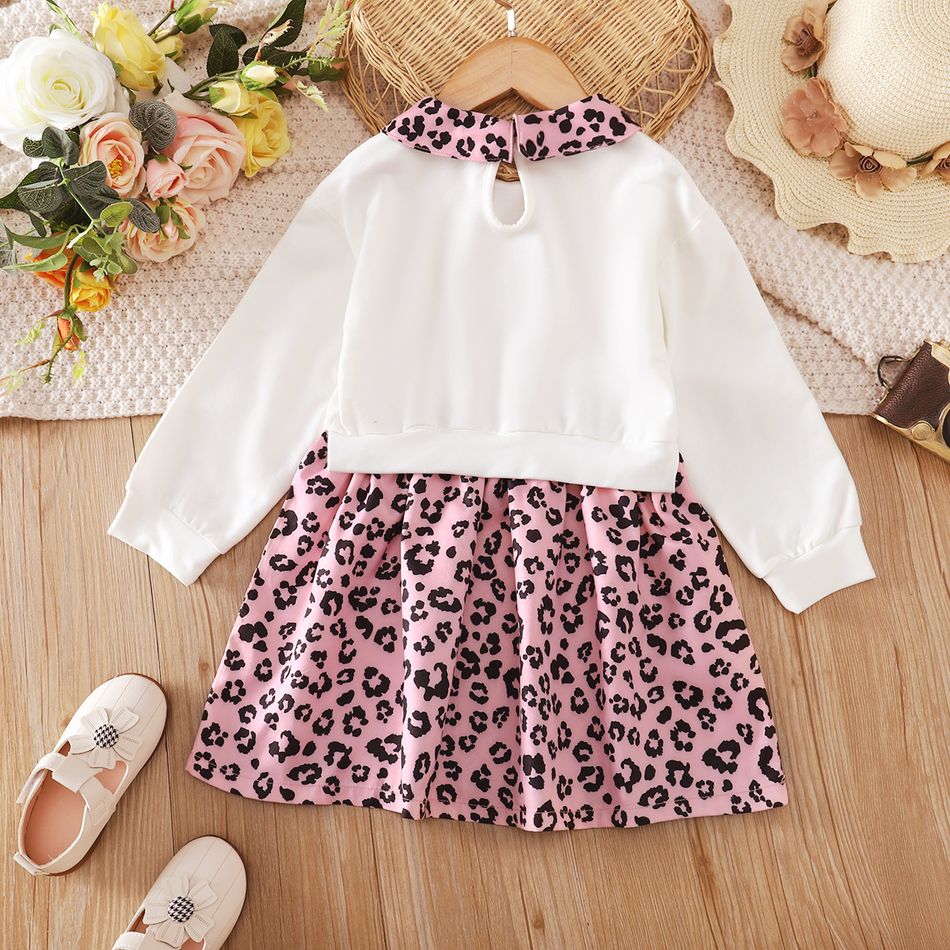 Toddler Girl Faux-two Leopard Print Splice Doll Collar Long-sleeve Dress White big image 3