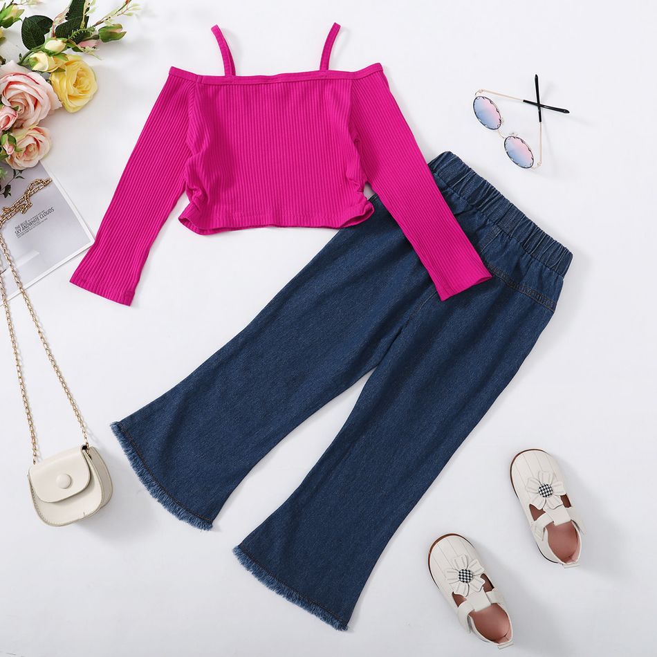 2pcs Toddler Girl Off Shoulder Long-sleeve Cami Tee and Flared Denim Jeans Set Hot Pink big image 3