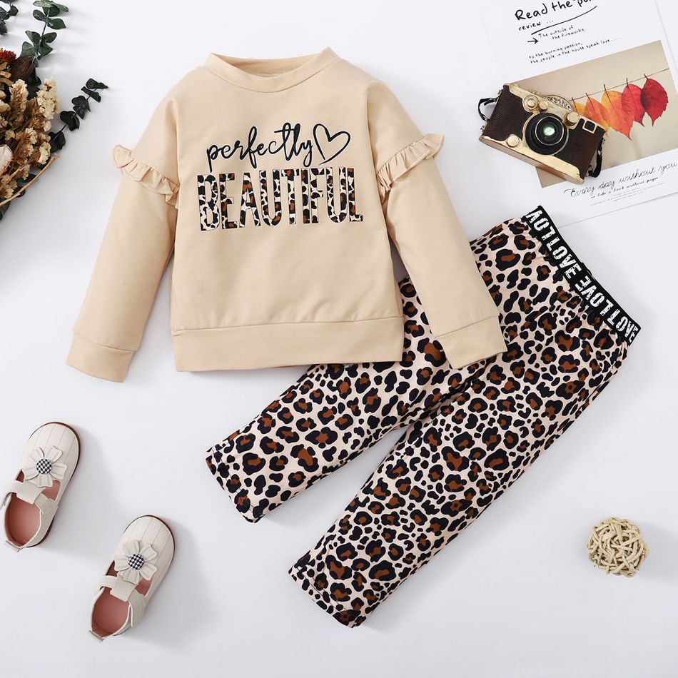 2pcs Toddler Girl Letter Print Ruffled Sweatshirt and Leopard Print Pants Set Apricot big image 2
