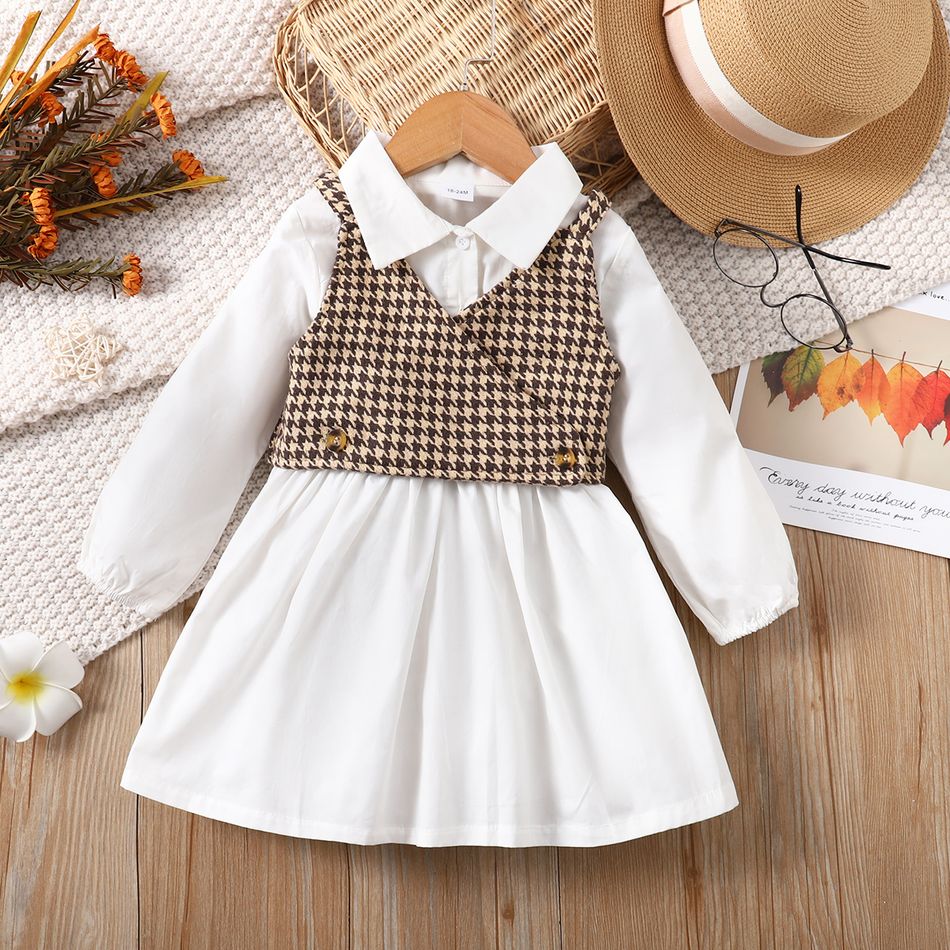 2pcs Toddler Girl Lapel Collar Long-sleeve White Shirt Dress and Houndstooth Vest Set White