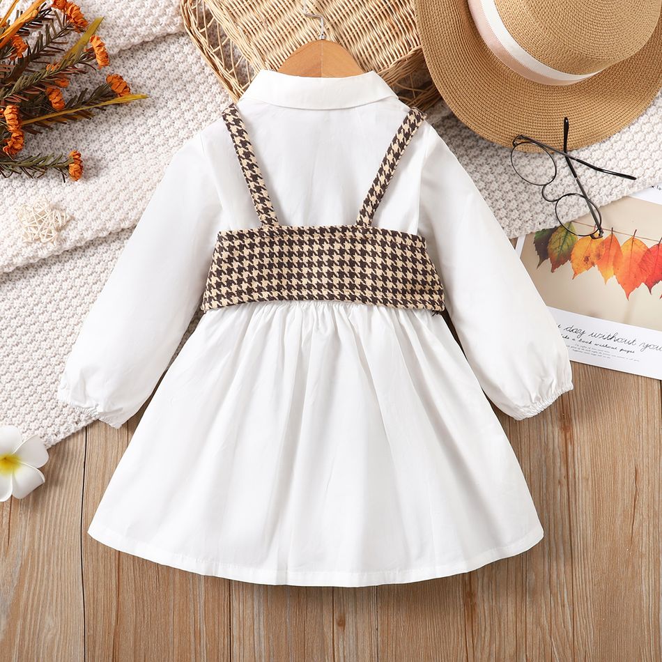 2pcs Toddler Girl Lapel Collar Long-sleeve White Shirt Dress and Houndstooth Vest Set White big image 2