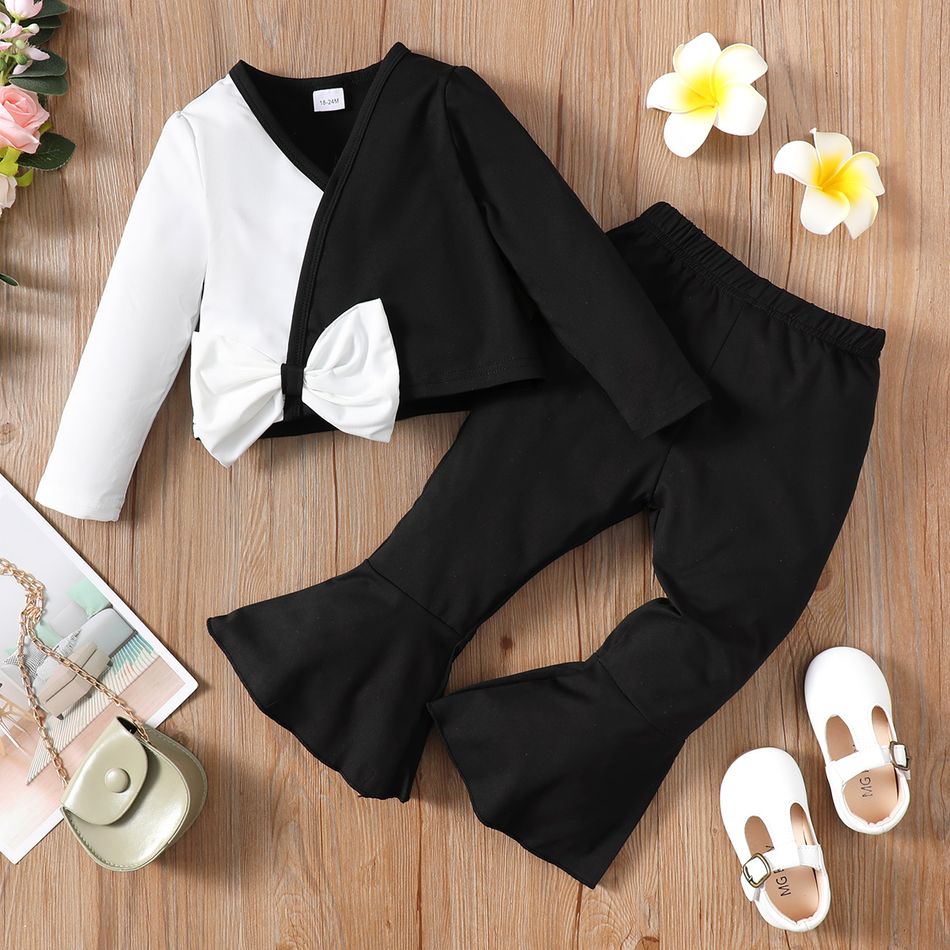 2pcs Toddler Girl Bowknot Design Splice V Neck Long-sleeve Tee and Black Flared Pants Set Black big image 2
