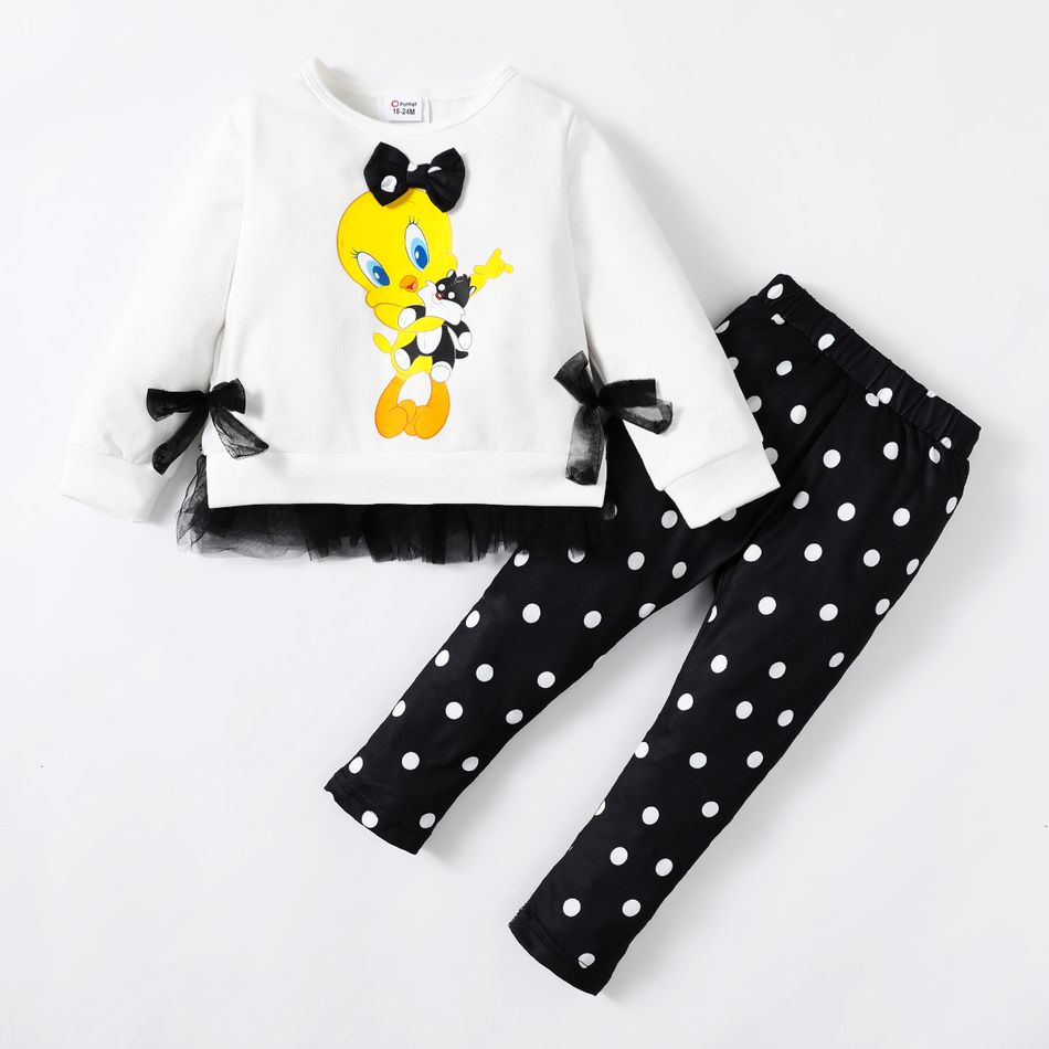 Looney Tunes 2pcs Toddler Girl Bowknot Design Mesh Splice Cotton Tee and Polka dots Leggings Set White big image 3