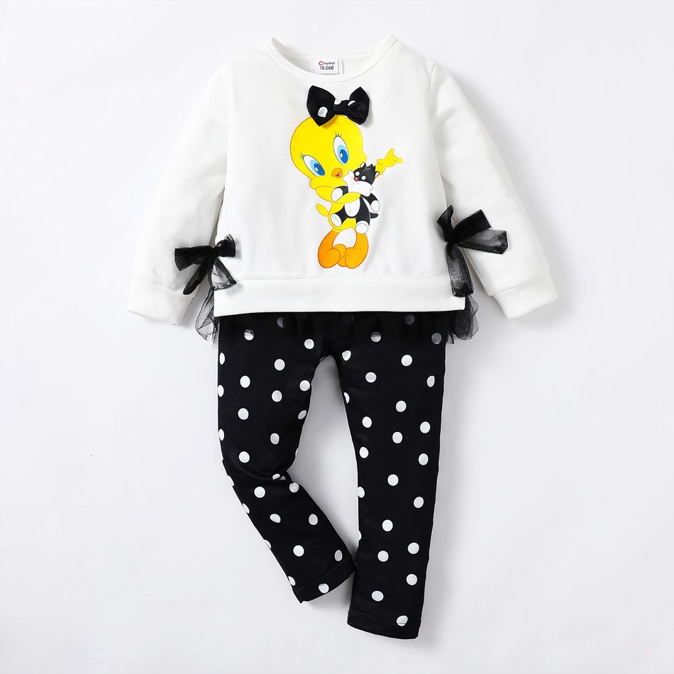 Looney Tunes 2pcs Toddler Girl Bowknot Design Mesh Splice Cotton Tee and Polka dots Leggings Set White big image 4