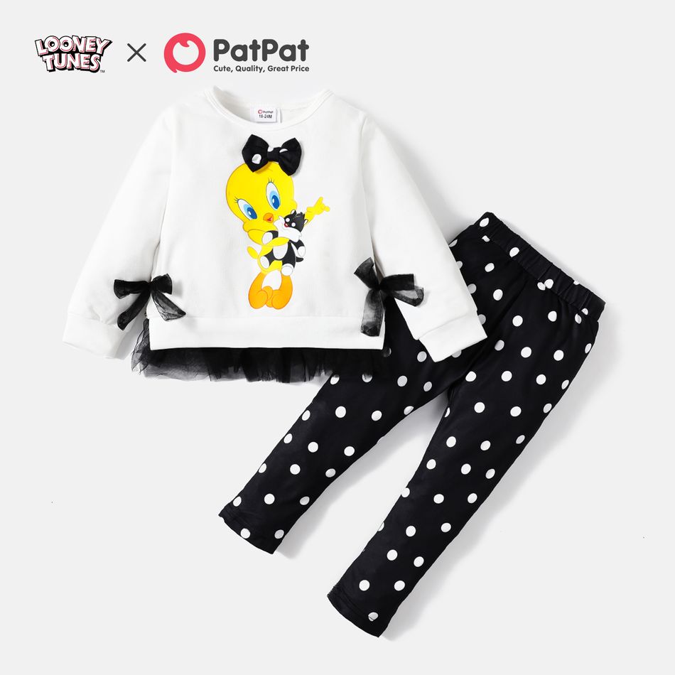 Looney Tunes 2pcs Toddler Girl Bowknot Design Mesh Splice Cotton Tee and Polka dots Leggings Set White
