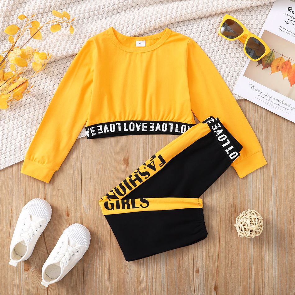 2pcs Toddler Girl Casual Letter Print Webbing Design Tee and Pants Set Yellow