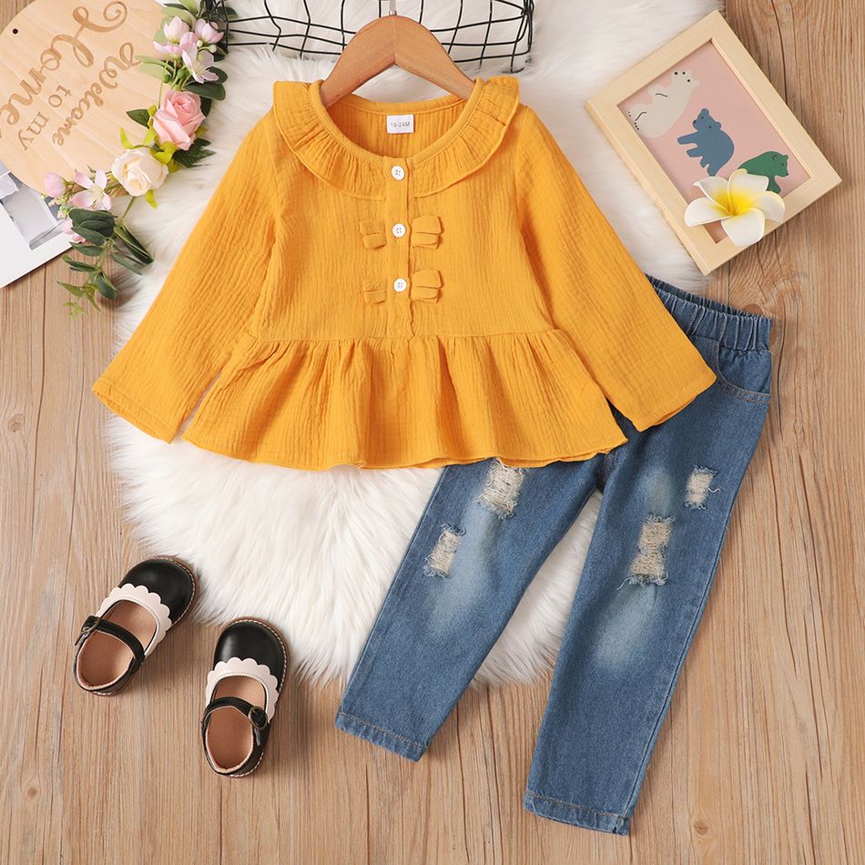 2pcs Toddler Girl Sweet Ripped Cotton Denim Jeans and Doll Collar Crepe Blouse Set Yellow