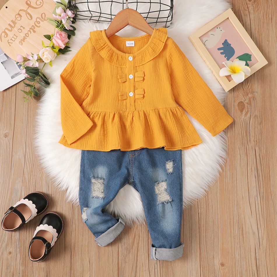 2pcs Toddler Girl Sweet Ripped Cotton Denim Jeans and Doll Collar Crepe Blouse Set Yellow big image 2