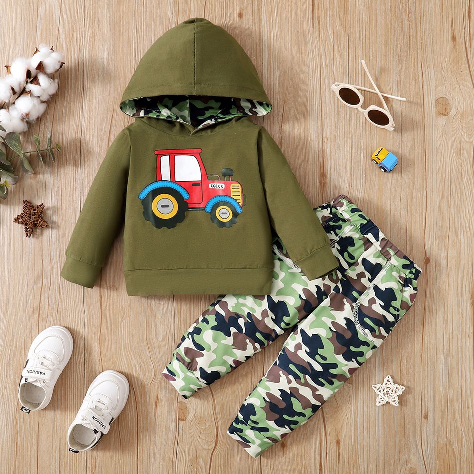 2pcs Toddler Boy Trendy Vehicle Print Hoodie Sweatshirt and Camouflage Print Pants Set Dark Green