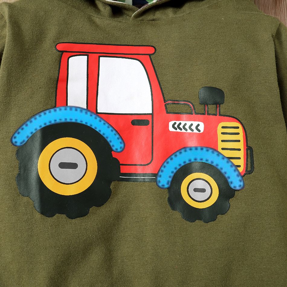 2pcs Toddler Boy Trendy Vehicle Print Hoodie Sweatshirt and Camouflage Print Pants Set Dark Green big image 3