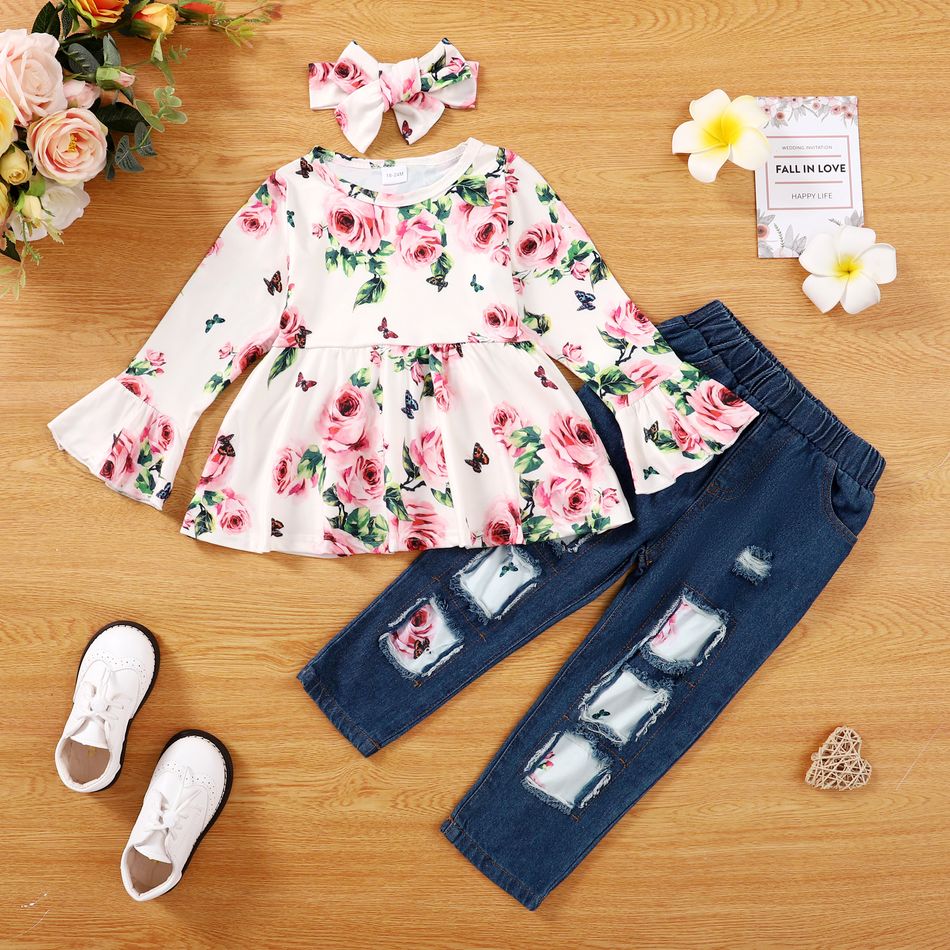 3pcs Toddler Girl Sweet Ripped Denim Jeans & Floral Print Tee and Headband Set Pink big image 2