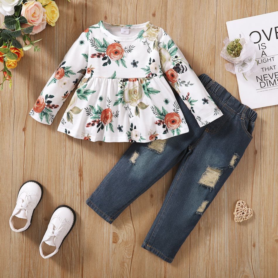 2pcs Toddler Girl Sweet Ripped Denim Jeans and Floral Print Tee Set White big image 3
