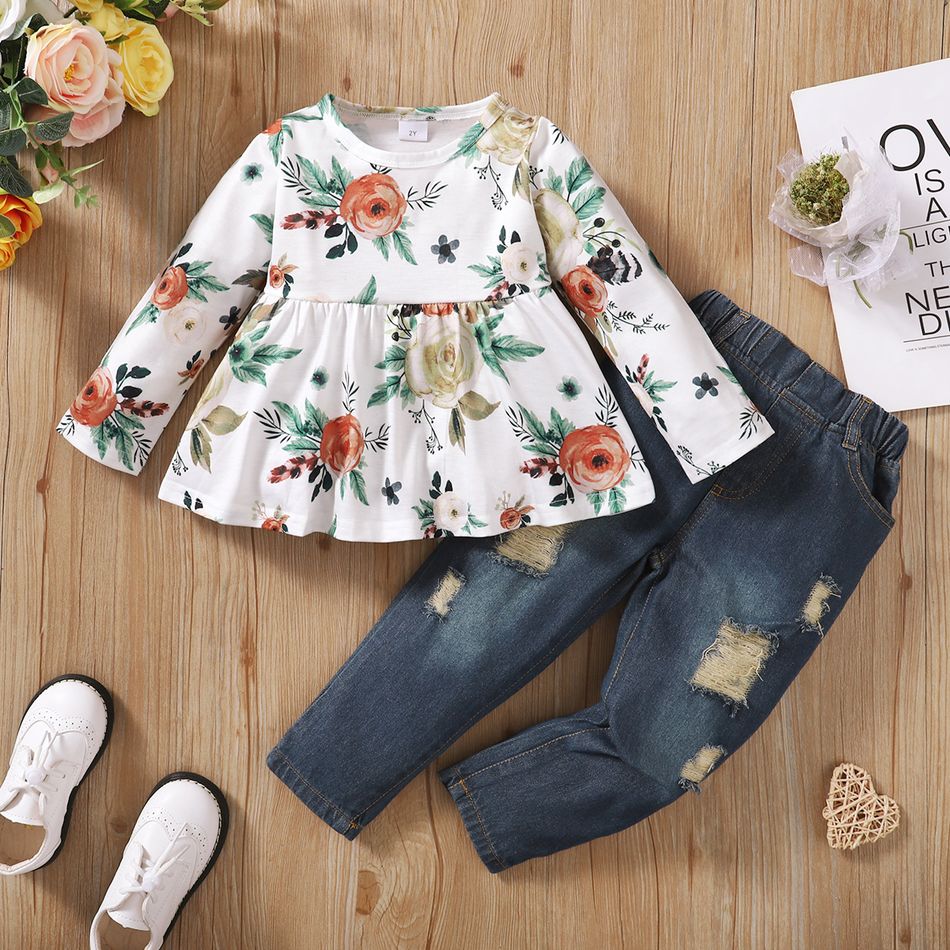 2pcs Toddler Girl Sweet Ripped Denim Jeans and Floral Print Tee Set White big image 2