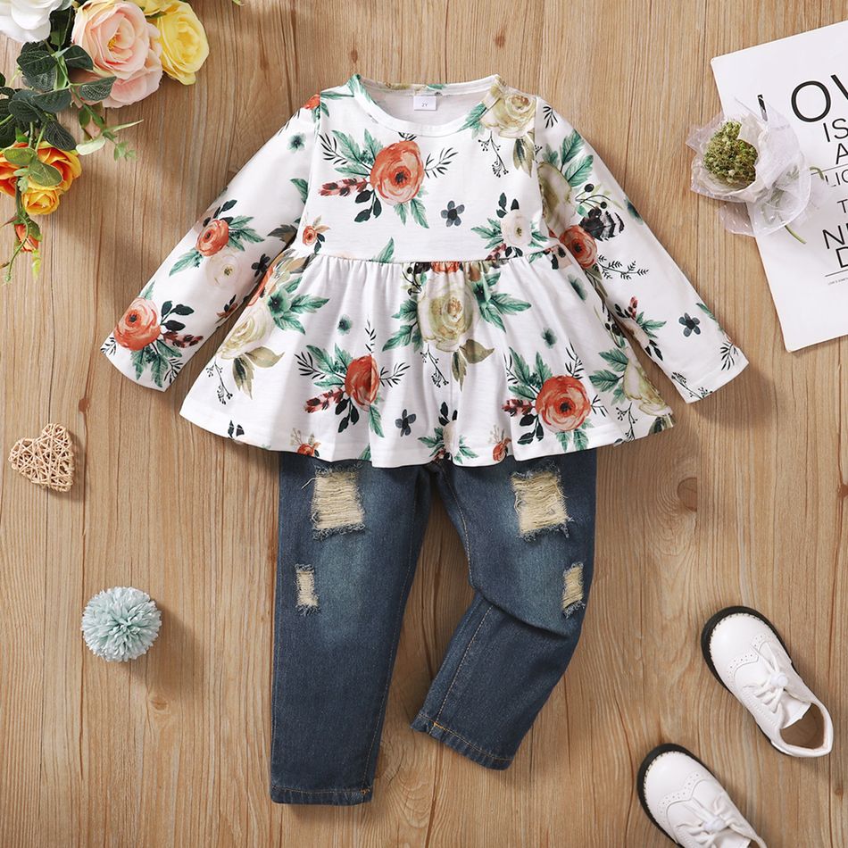 2pcs Toddler Girl Sweet Ripped Denim Jeans and Floral Print Tee Set White big image 1