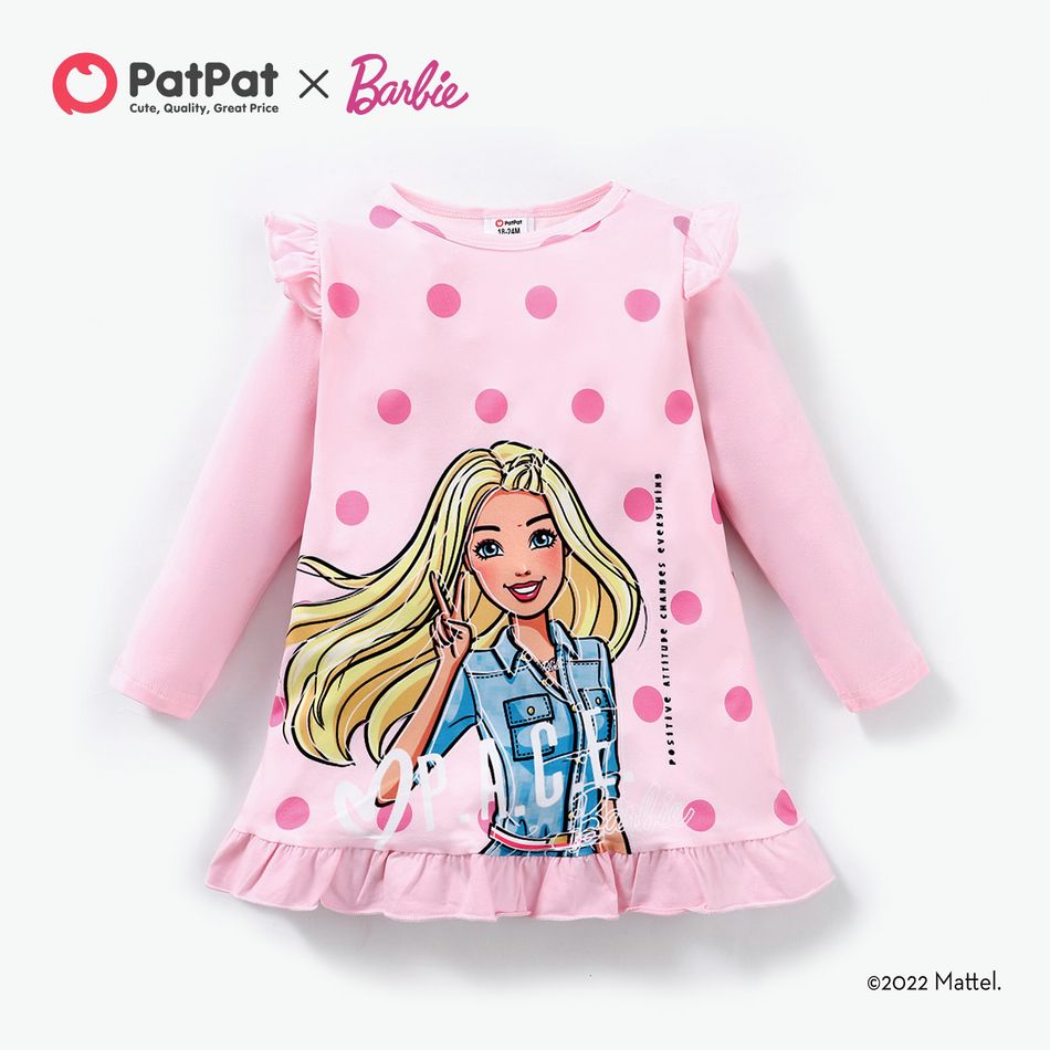 Barbie Toddler Girl Polka Dots and Character Print Long-sleeve Dress Pink big image 1