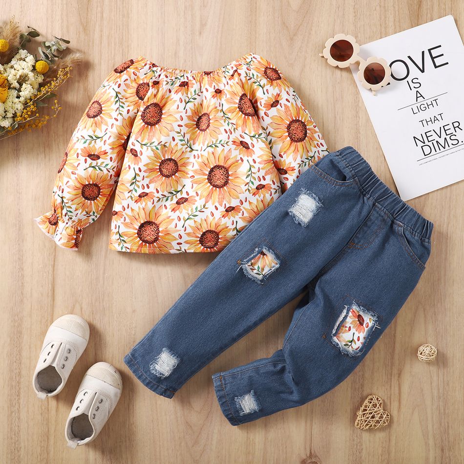 2pcs Toddler Girl Floral Print Long-sleeve Blouse and Cotton Patchwork Ripped Denim Jeans Set Yellow big image 2