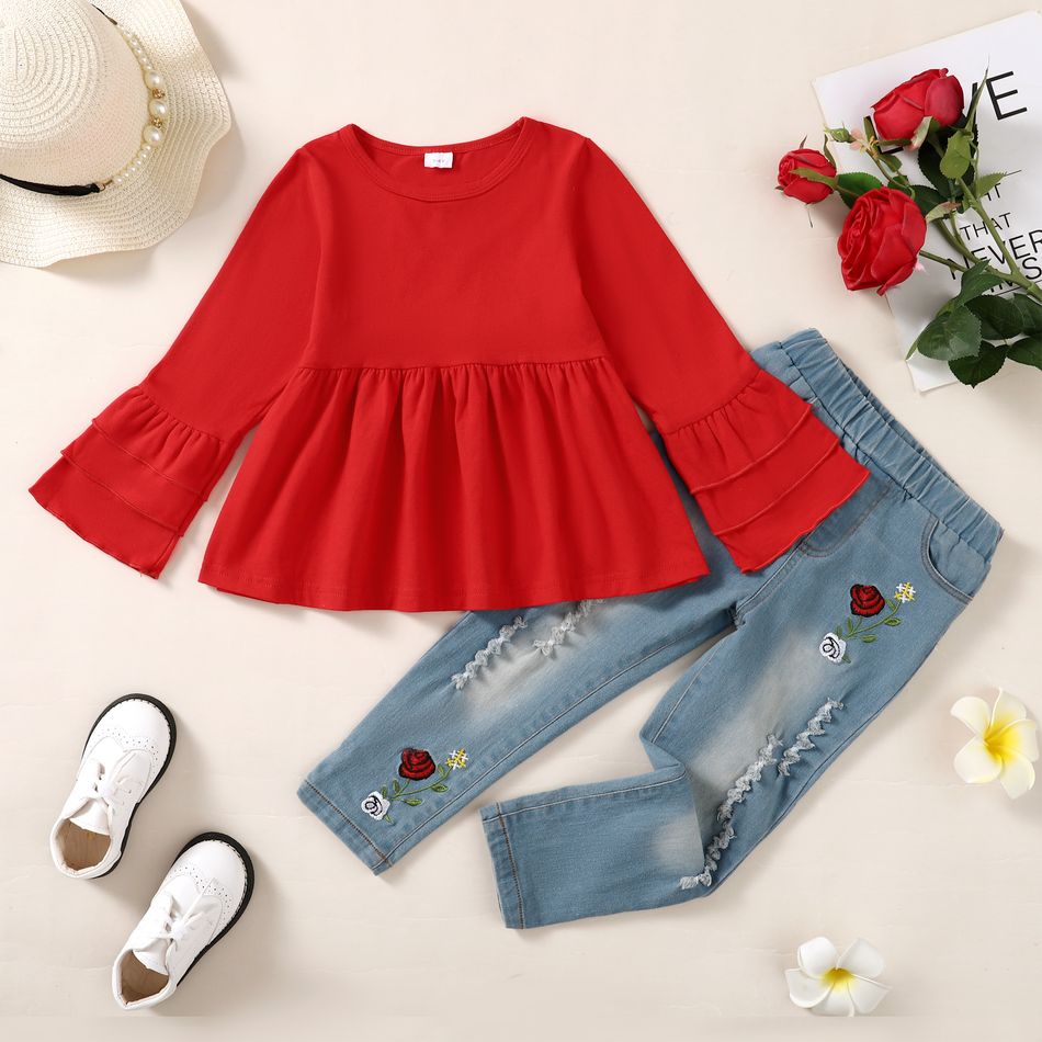 2pcs Toddler Girl Floral Embroidered Cotton Denim Jeans and Bell sleeves Tee Set Red big image 3
