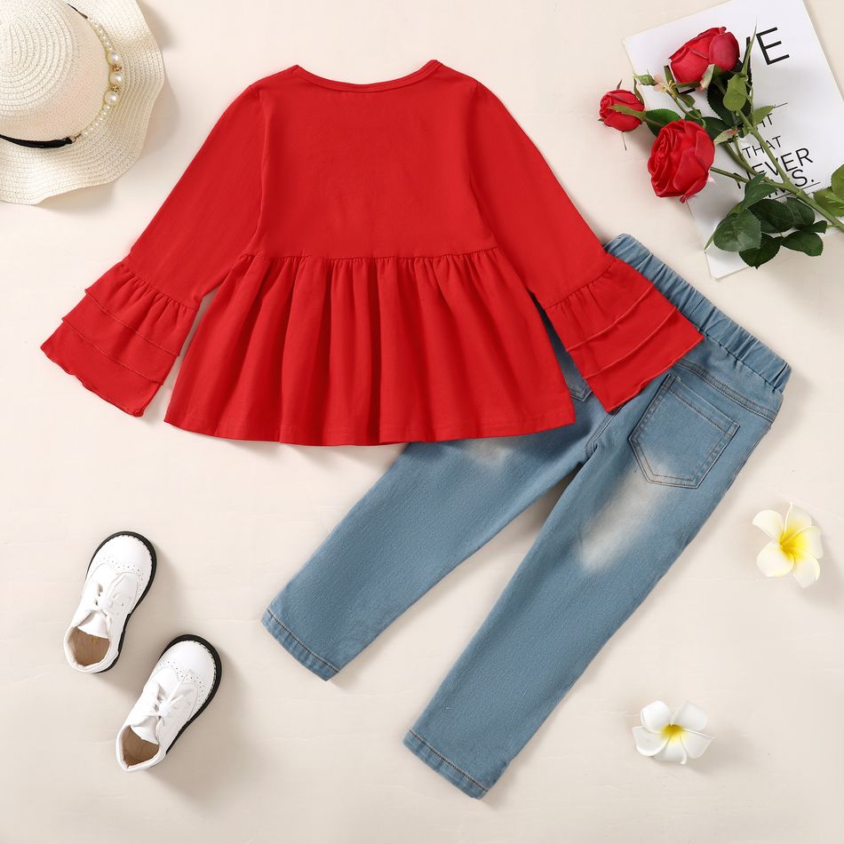 2pcs Toddler Girl Floral Embroidered Cotton Denim Jeans and Bell sleeves Tee Set Red big image 4
